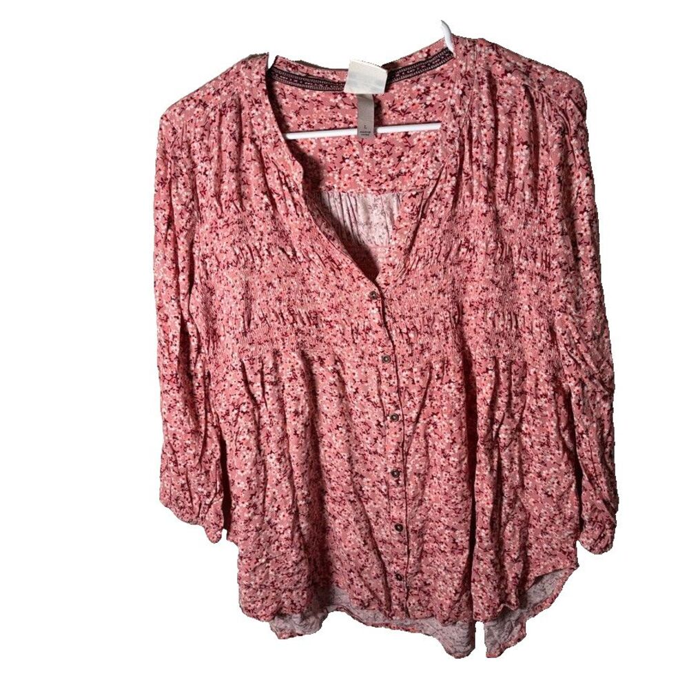 Knox Rose Blouse Women's Large V-Neck Boho Button Up 3/4 Sleeve Floral Top